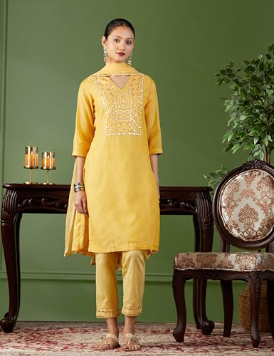 BIBA WOMEN EMBROIDERY NARROW SALWAR KURTA DUPATTA(SKD7402E_MANGO YELLOW_34)
