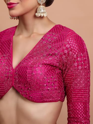 S SALWAR STUDIO Pink Georgette Embroidered V Neck Readymade Blouse