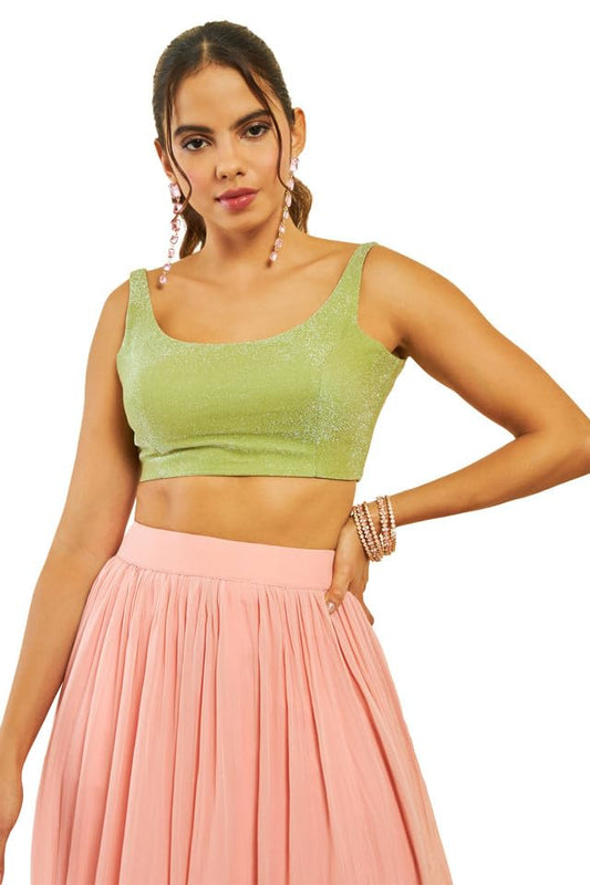 Soch Womens Light Green Shimmery Scoop-Neck Back-Open Sleeveless Blouse