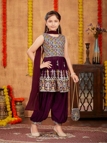 Aarika Girls Ethnic Wear Purple Colour Thread Sequin Embroidery Georgette Kurti Patiala Set With Sling Bag (4-10 Years)