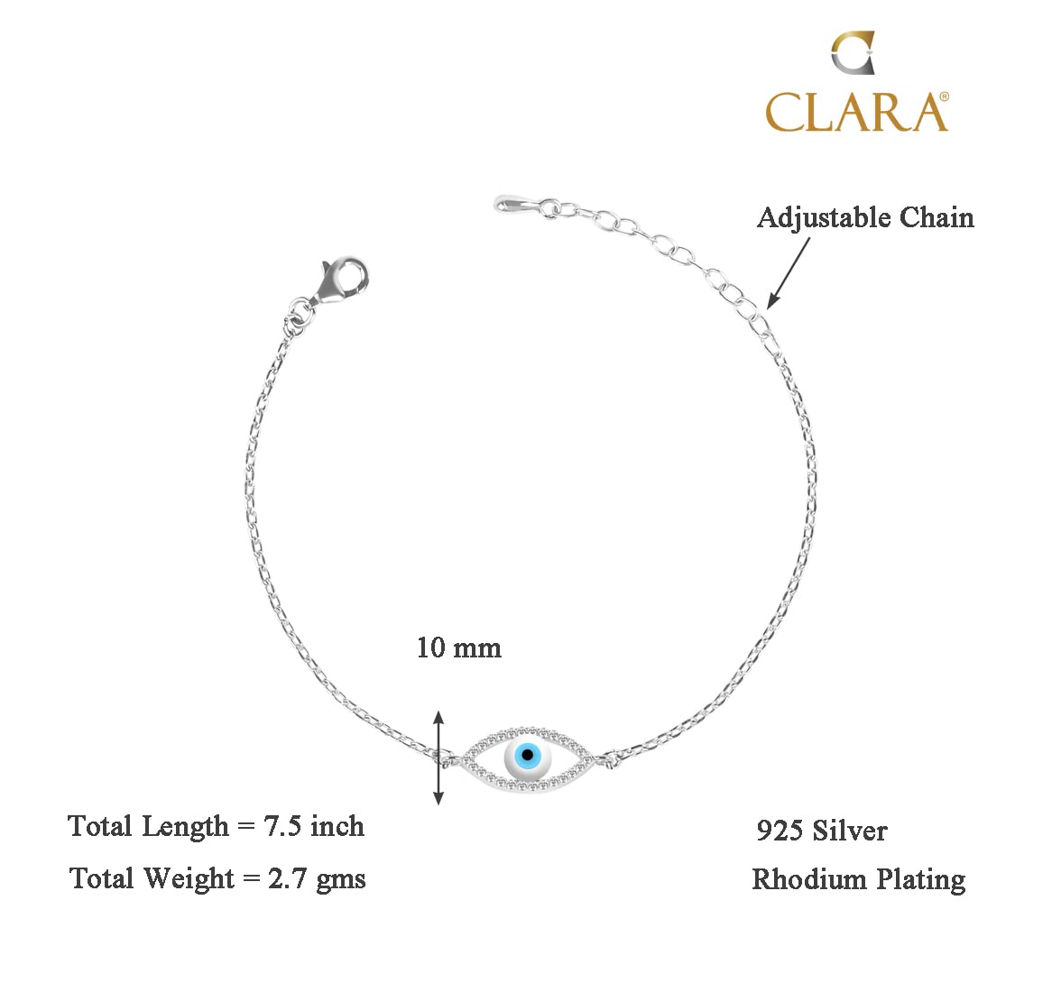 Clara 925 Sterling Silver Evil Eye Halo Bracelet, Adjustable, Rhodium Plated, Swiss Zirconia Gift for Women and Girls