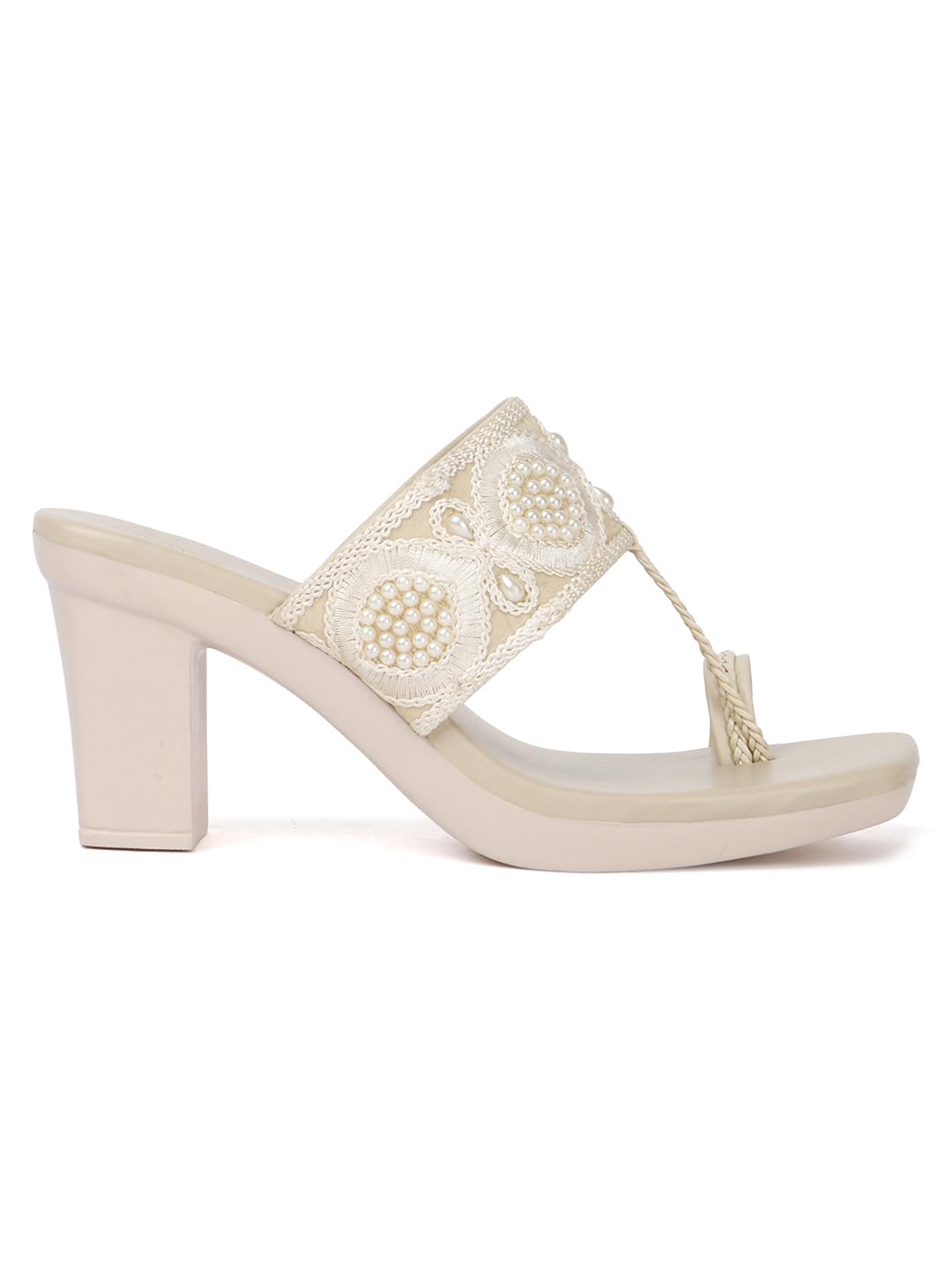 Handcrafted Embroidered Toe-Loop Women Sandals with Block Heel and Pearl Detailing for Ethnic, Festive, and Occasion Wear (Cream, UK Footwear Size System, Adult, Women, Numeric, Medium, 6)