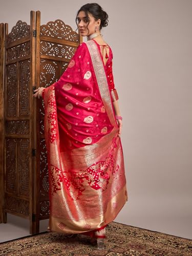 AKHILAM Women's Pink Satin Silk Ethnic Motif Printed Saree With Unstitched Blouse Piece (RNGREET101_HS)