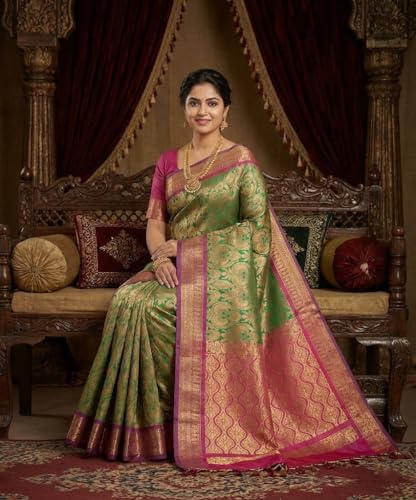 SREE KUMARAN Women's Kanchipuram Kubera Brocade Silk Pure Pattu Sarees With Blouse (VSK433-3)