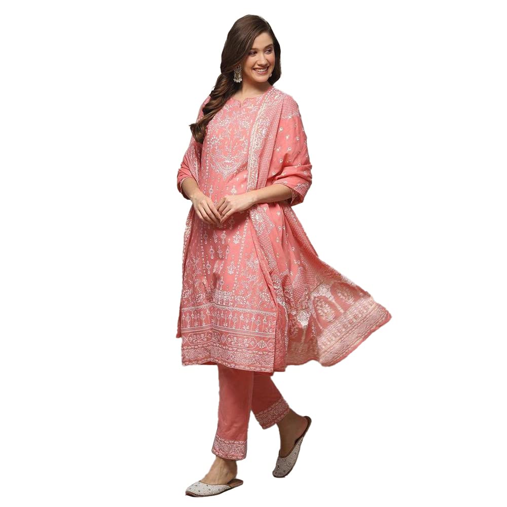 Biba Printed Narrow Salwar Cotton Kurta With Dupatta For Women -(Skdshweth S8632_Light Coral_34)