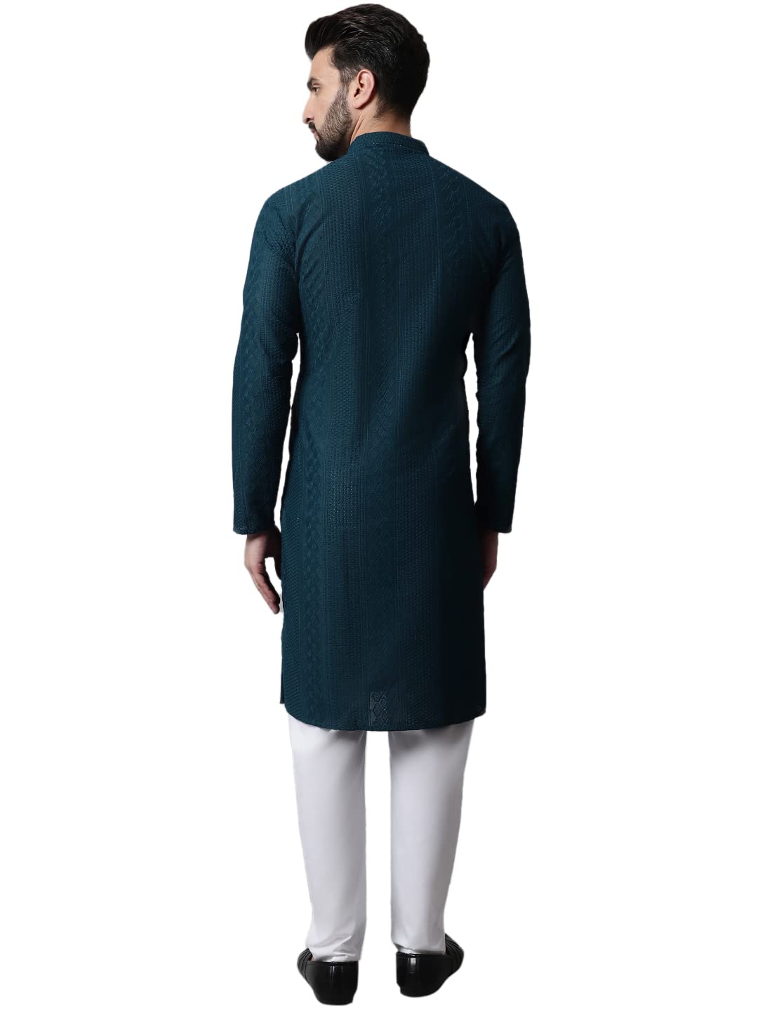 Jompers Men Teal Blue Embroidered Pure Cotton Kurta with Pyjamas (Teal, L)