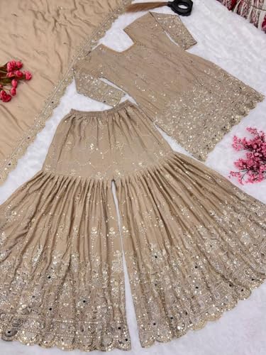 SAMUYA Embroidered Sharara Set, Beige, Net Fabric, Sequin Work, 3-Piece Suit with Dupatta (IN, Alpha, 2XL, Regular)