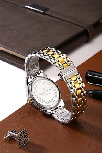 London Fog Paddington Collection Analog Quartz Watch for Men with Geometric-Textured Round Dial, Date Display, Roman Numeral & Triangular Hour Markers and Two-Tone Stainless Steel Strap - LFM10028-55