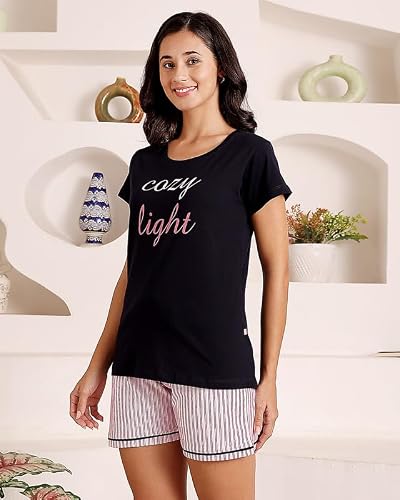 BODYCARE Women's Cotton Printed T-Shirt and Shorts Set | Soft & Breathable Nightwear | Short Sleeves | Loungewear Co-Ord Set | BSSS17031_100 Multicolour