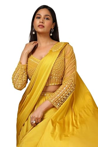 Soch Womens Mustard Beads Embellished Nylon Blend Ready-To-Wear Saree