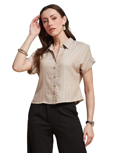 Latin Quarters Women's Beige Striped Collared Cap Sleeve Casual Shirt_M