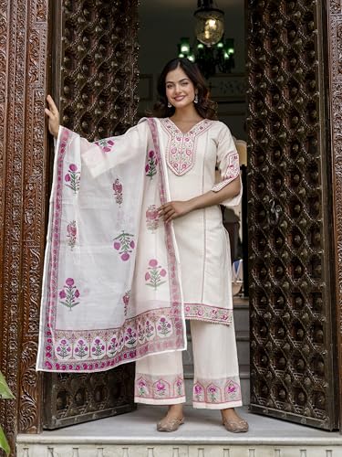 TRENDMALLS Women's Cotton Embroidery Kurta Pant with Dupatta Salwar Suit Set (G287-Offwhite-3XL-)