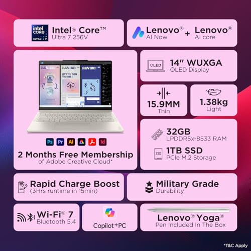 Lenovo Yoga 7 2-in-1 Intel Core Ultra 7 256V,Copilot+ AI PC(16GB RAM/1TB SSD/14(35.5cm) WUXGA OLED/47 Tops/Win 11/Office Home 2024/Digital Pen/1Yr ADP/Seashell/1.38Kg), 83JQ000VIN Convertible Laptop