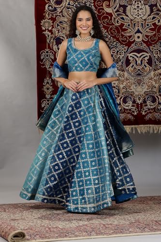 Aurelia Women's Blue Printed Zari Embroidered Crop Top, Brocade Flared Skirt and Dupatta Set