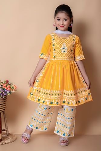 NEW JON Girl's Traditional Cotton Straight Kurta and Pant with Dupatta Set(Yellow, Size: 7-8 Years)