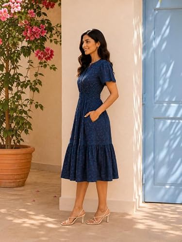 oxolloxo Women Cotton Party Dresses | Regular Fit Printed V-Neck | Below Knee Fit & Flare Dresses for Women | Blue