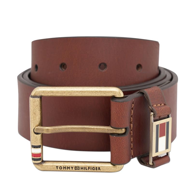 Tommy Hilfiger Men's Leather Belt Glace - Tan | Brushed Brass Buckle | Leather Belt For Any Occasion | Size - S (80Cm)