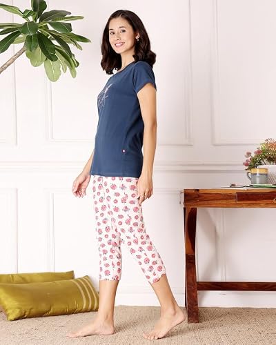 BODYCARE Women's Cotton Printed T-Shirt and Capri Set | Soft & Breathable Nightwear | Short Sleeves | Loungewear Co-Ord Set| BSCS16032_100 Multicolour
