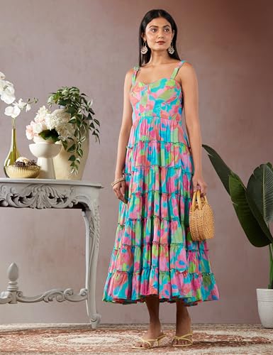 Biba Women Turquoise Cotton Floral Printed Tiered Dress_38