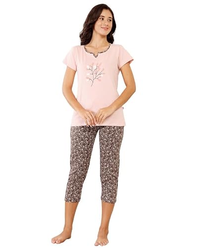 BODYCARE Women's Cotton Printed T-Shirt and Capri Set | Soft & Breathable Nightwear | Short Sleeves | Loungewear Co-Ord Set| BSCS16042_100 Multicolour