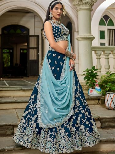 Zeel Clothing Women's Zari Sequins Embroidered Work Rangoli Silk Lehenga Choli With Dupatta (5139-Blue-Women-Lehenga-Choli; Free size)