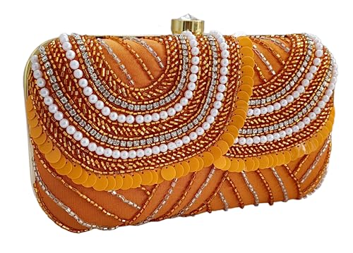 DUCHESS Women Hand Embroidered Sequins Box Clutch for Wedding Party (Orange)