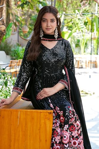 Miss Ethnik Women's Black Faux Georgette Stitched Gown with Embroidered Dupatta Full Sleeve Embroidered A-Line Gown (ME-1304-Black-XL)