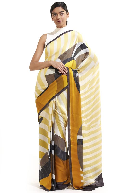 Satya Paul Yellow Satin Georgette Printed Saree with Blouse piece