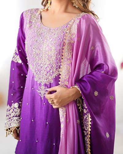Leeli Peeri Designer Women's Chinon Silk Embroidery Light Purple Kurta Sharara Set With Dupatta(45PDM14-M)