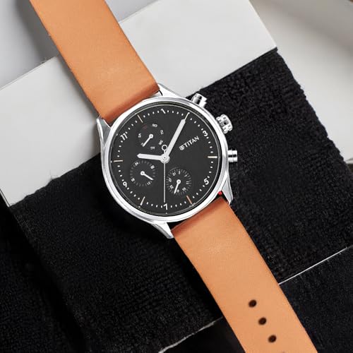 Titan Neo Quartz Multifunction Black Dial Brown Leather Strap Watch for Men - NT1803SL02
