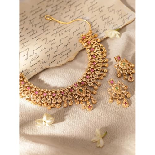Rubans Regal Gold Tone Temple Necklace Set with Multicolored Stones For Women