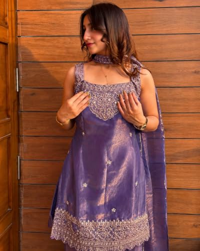 VARNI FABRICS: A lady's First Love Women's Silk Blend Embroidered Straight Kurta Set With Dupatta And Flared Palazzo