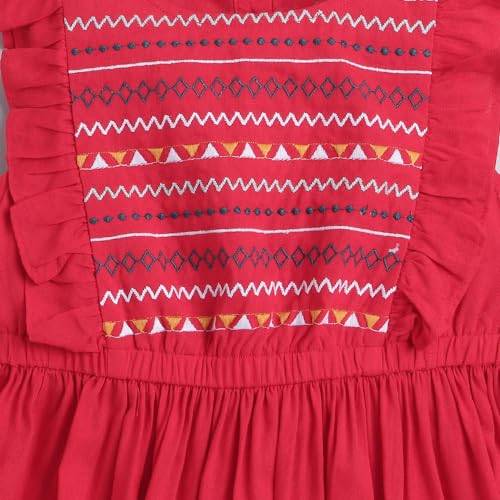 Hopscotch Girls Embroidesleeveless Casual Dress In Red Color For Ages 5-6 Years, Knee-Length