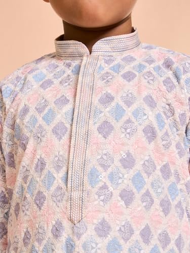 Manyavar Boys Cotton Blend Chikankari Printed & Sequinned Kurta Pyjama Set (Warm White,2-3Y)