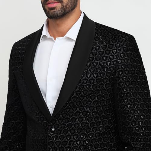Park Avenue Men Modern Slim Fit Solid Pattern Pure Polyester Shawl Collar Full Sleeve Ceremonial Suit Black