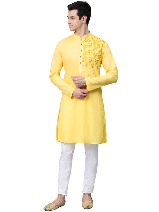 See Designs Yellow Cotton Regular Fit Embroidered Kurta_SDMDWKT822S