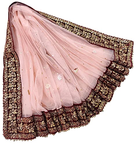 Navti Creations Women's Heavy Net Dupatta With Zari Embroidery Heavy Border (Stone work, 2.25m) (Peach- Maroon)