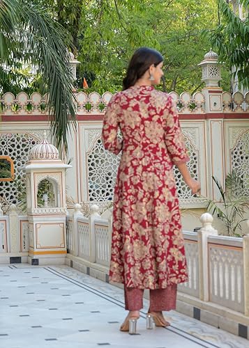 Yash Gallery Women's Polyester Calf Length Regular Fitted 3/4th Sleeve Floral Printed Anarkali Kurta with Zig-Zag Printed Pant & Dupatta (Maroon, 7XL)