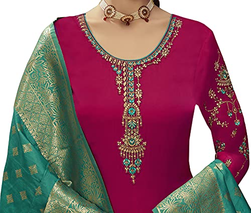 VUBA Satin Suit For Women's Embroidered Semi Stitched Top With Unstitched Santoon Bottom and Pure Woven Banarasi Dupatta Straight Kurta Dress Material