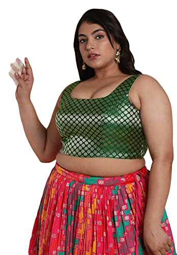 SALWAR STUDIO Women's Green Brocade Readymade Saree Blouse-PLSSB00030-GREN