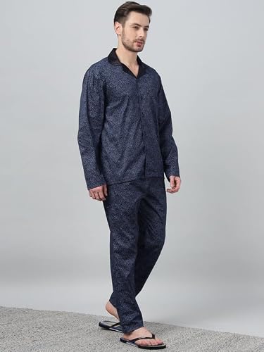 Hancock Men Cotton Printed Night Suit Navy Blue Size XL