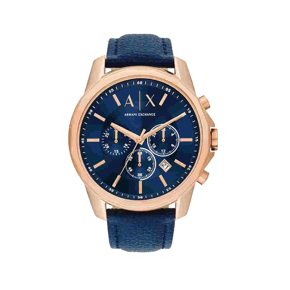 Armani Exchange Mens 44 mm Blue Dial Leather Chronograph Watch - AX1723