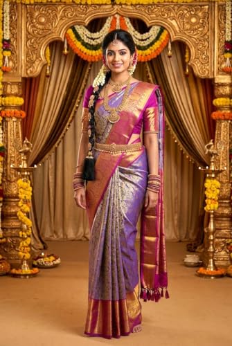 VFCollections Women's Traditional Handloom Kanchipuram Silk Pattu Sarees | Rich Zari Woven Design | Bridal Saree | Unstitched Blouse