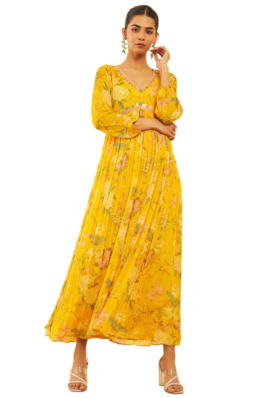 Soch Womens Yellow Chinon Floral Printed Ethnic Dress with Mirror Work