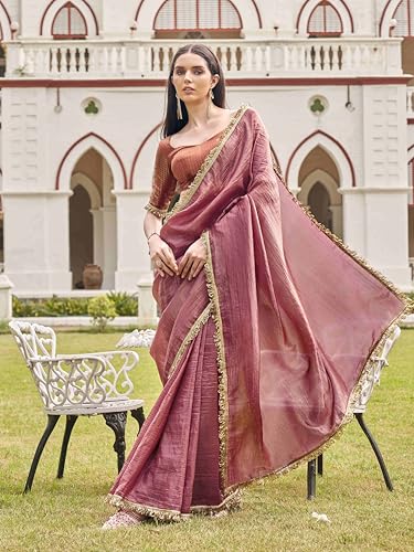 Womanista Women's Organza Solid Embellished Lace Saree With Un-Stitched Blouse, Pink