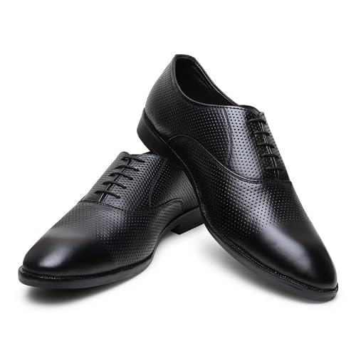 HAYES LONDON Formal Troy Shoes for Men | Black Textured Genuine Leather | Versatile Comfort | Size 8