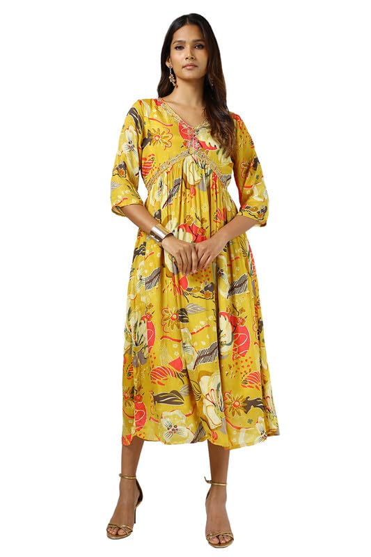 Soch Womens Mustard Chinon Floral Print Dress with Sequins