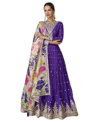 Shampysky Women’s Purple Chinon Embroidered A-Line Gown with Organza Dupatta | Fully Stitched | Full Sleeves (SSW-1306-Purple-M)