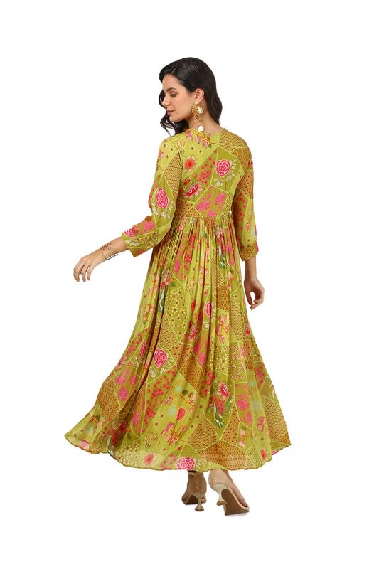 Soch Womens Green Chinon Floral Print Dress with Mirror Work