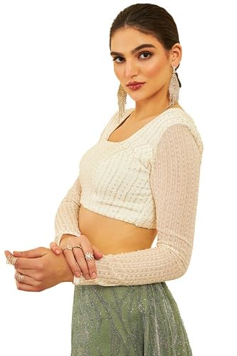 Soch Womens Cream Georgette Sequinned Embellished Blouse with Tie-Ups